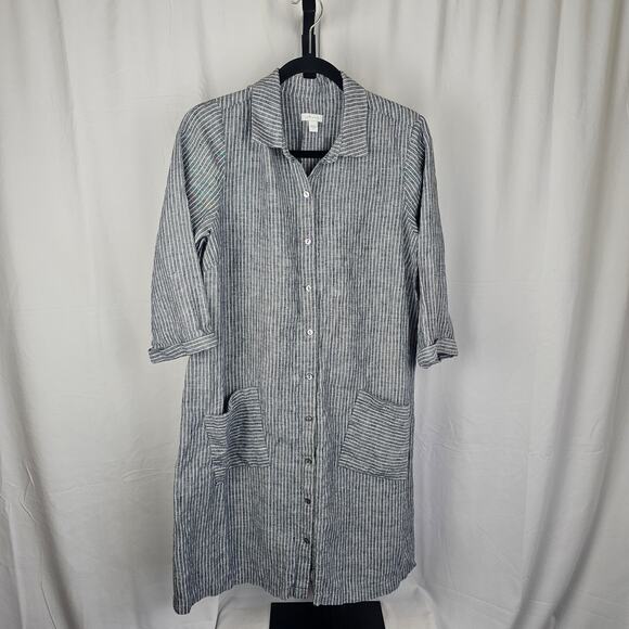 J. Jill Love Linen Shirt Dress Blue Stripe 100% Linen M Relaxed Button Front - Picture 1 of 4